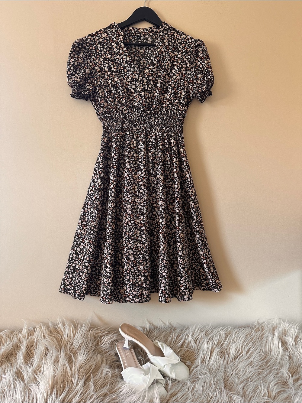 Floral Smocked Waist Mini Dress - Black Floral